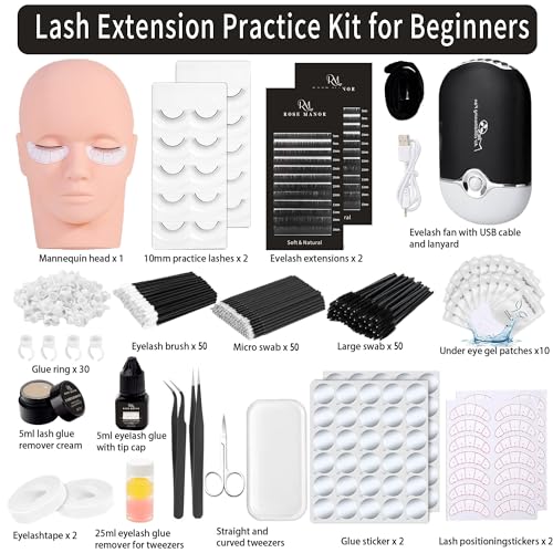 Rose Manor Black Eyelash Extension Kit for Beginners with Mannequin Head