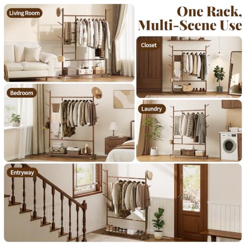 Walnut Wooden Clothing Rack 4-in-1 with Wheels - Heavy Duty & Portable