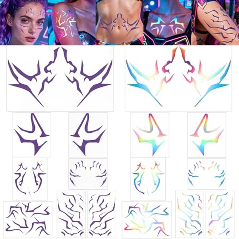 Boko Movie Anime Purple Temporary Tattoos Dance Cosplay, Holographic Glitter Temporary Tattoos, Full Body Cosplay Tattoo Sticker for Themed Party Music Festivals Halloween Prop Accessories (16Pcs)