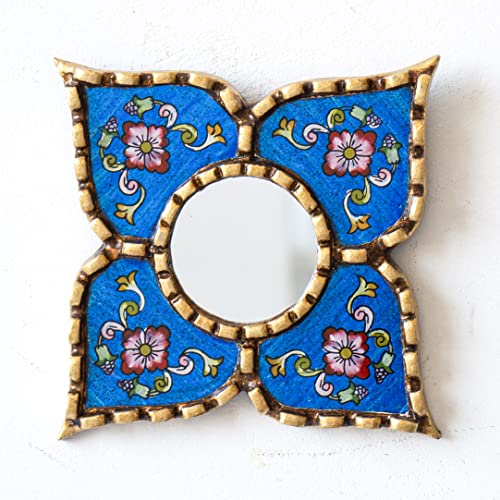 Peruvian Painted Glass Mirror with Bronze Leaf Framed - Handmade Diamond Mirror 6in for Gallery Wall (Blue)