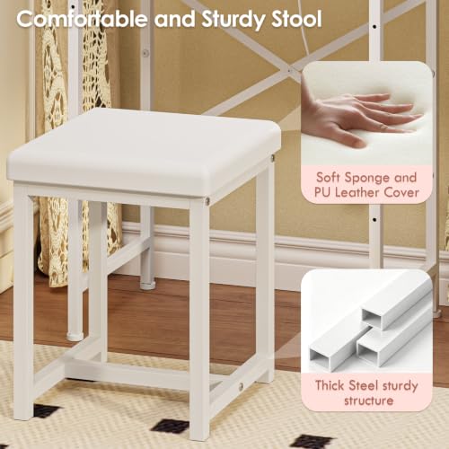 White Small Makeup Vanity Table with Mirror and Light - Space-Saving Compact Desk with Drawers & Chair