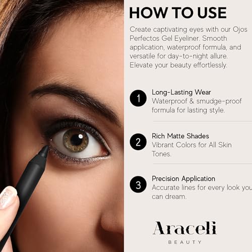 Araceli Beauty Gel Pencil Eyeliner - Water Resistant, Long-Lasting, Smudge-Proof Creamy Formula for Precision Lining - Hypoallergenic, Bold Eyeliner Gel Pencil - Safe for Sensitive Eyes (Black)