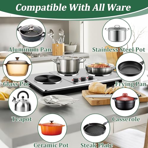 Silver Triple Burner Hot Plate - Countertop Electric Cooktop with 7" Cast Iron Surface