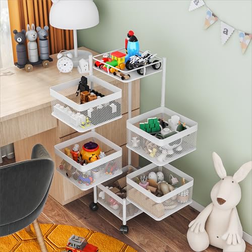 White 5-Tier Rotating Kitchen & Bathroom Storage Cart - No Assembly