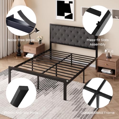 Queen Size Metal Bed Frame with Linen Tufted Headboard - Dark Gray, SHA CERLIN