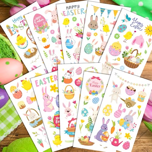Easter Stickers Tattoos,10 Sheets Temporary Easter Egg Stickers Bunny Stickers for Kids Easter, Easter Egg Decorating Easter Egg Basket Goodie Bags Stuffers Fillers Party Supplies