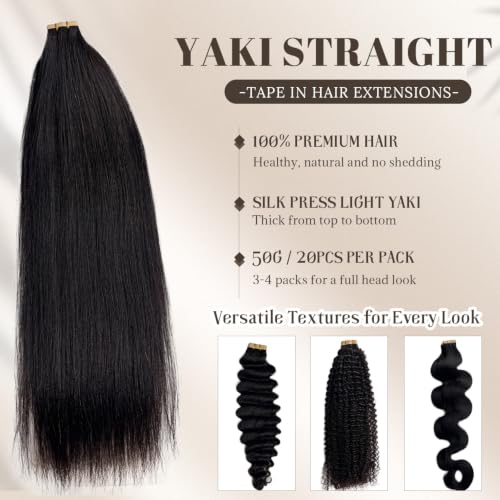 Yaki Straight Tape-in Hair Extensions for Black Women - 12 Inch, 50G, 20PCS, Light Human Hair, Seamless & Double Sided Tapes - Variation YK
