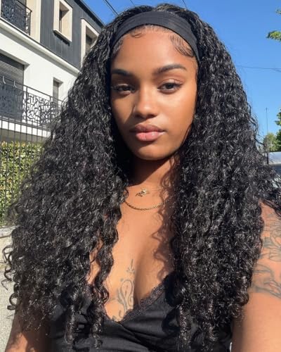 PREMPO Black Afro Curly Headband Wig 22 Inch 180% Density Synthetic Half Wig