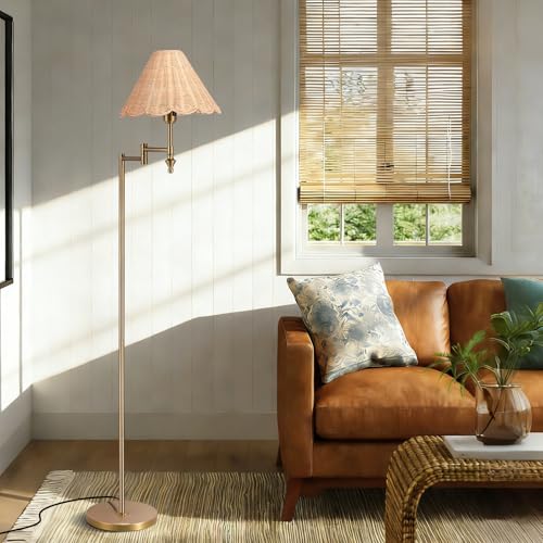 Boho Rattan Floor Lamp with Swing Arm, Adjustable 310° Natural Standing Reading Light