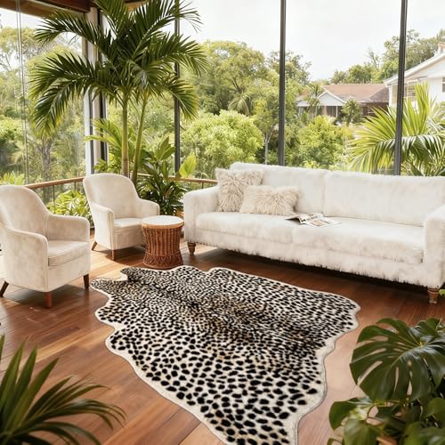Beige & Black Leopard Print Rug 6.7x5.2ft Faux Animal Carpet Home Decor