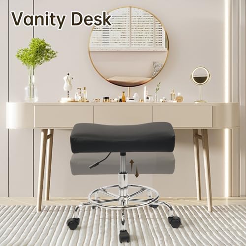 Heavy Duty Extra Wide Rolling Stool PU Leather Thickened Seat Cushion with Foot Rest Adjustable Height Swivel with Wheels for Spa Salon Tattoo Work Massage Barstool, Black, 1 Pack