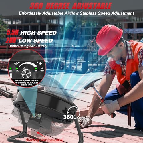 16-Inch Battery Powered Cordless Floor Fan - Red Compatible with Milwaukee M18