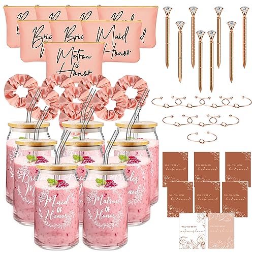Irenare 48 Pcs 8 Set Bridesmaid Proposal Gifts Maid of Honor Gifts16oz Glass Cups Cosmetic Makeup Bags Invited Cards Scrunchies Hair Knotted Bracelets Diamond Pens(Elegant Style,Rose Gold)