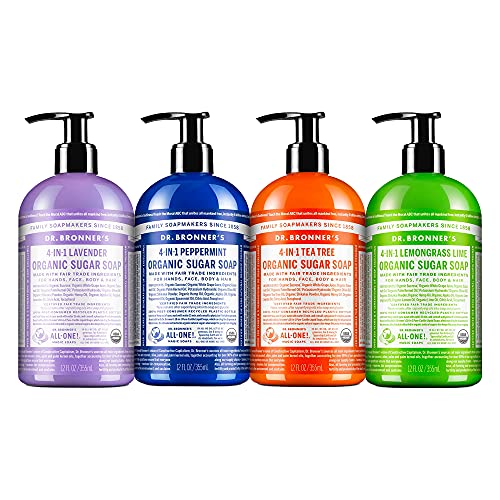 Dr. Bronner's - Organic Sugar Soap (12 oz Variety Pack) Lavender, Peppermint, Tea Tree, & Lemongrass - Made with Organic Oils, Sugar & Shikakai Powder, 4-in-1 Use: Hands, Body, Face & Hair | 4 Count