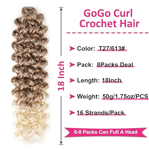 Union Beauty 8 Pack Water Wave Crochet Hair 18 Inch Ombre Blonde Synthetic Curl Extensions for Women T27/613