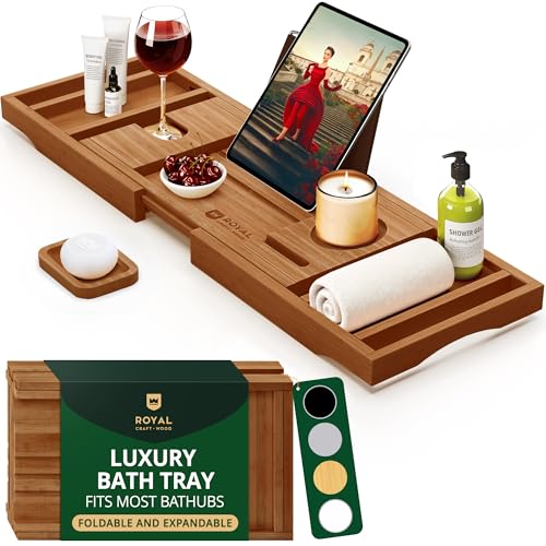 ROYAL CRAFT WOOD Premium Foldable Bathtub Tray - Wood Bath Tray for Tub, Bamboo Shelf, Expandable Bath Table Trays, Bathtub & Bathroom Accessories for New Home Gifts for Mom