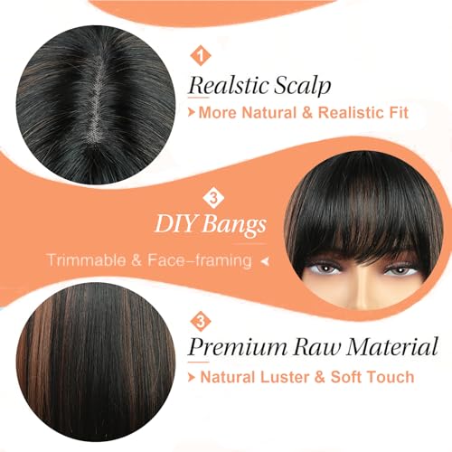 Goodear 10 Inch Straight Bob Wig with Bangs - Brown Highlights, Glueless Synthetic Wig RSP08#