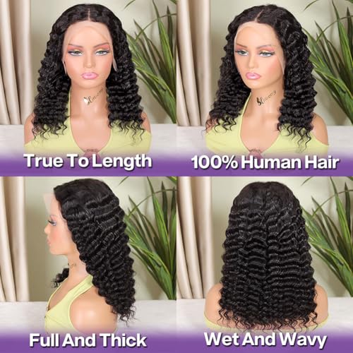 16 Inch Deep Wave Lace Front Bob Wig for Black Women Human Hair Glueless Pre Plucked