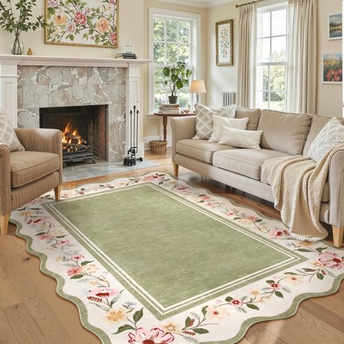 5x7 Green Floral Scalloped Rug - Vintage Boho Area Rug for Living Room