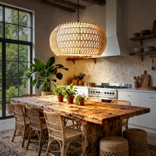 19-Inch Boho Rattan Chandelier with 5 Lights, Farmhouse Pendant Light - Variation of 19 Inch-round-1pc