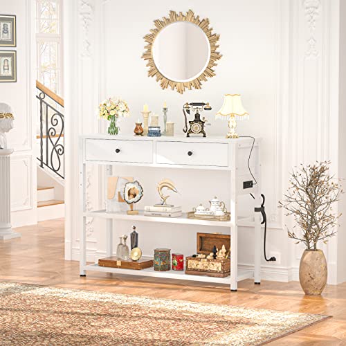 White Entryway Console Table with Outlets, 2 Drawers & Shelves - 32 Inch