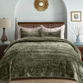 King Size Velvet Quilt Set with Ruched Texture - Olive Green, Lightweight & Luxurious