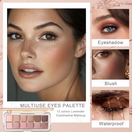 KYDA 12 Colors Grey Pink Eyeshadow Palette with Brush, High Pigment Matte Shimmer Pink Brown Eye Shadow, Netural Brown Eyes Palette for Women, Soft Blendable Powder Eyeshadow, Korean Eyes Makeup