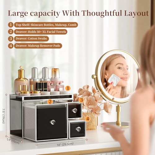 Multifunctional Face Towel Holder with 3 Drawers ? Tempered Glass Cotton Pad & Swab Organizer ? Disposable Face Towel Holder for Bathroom Vanity