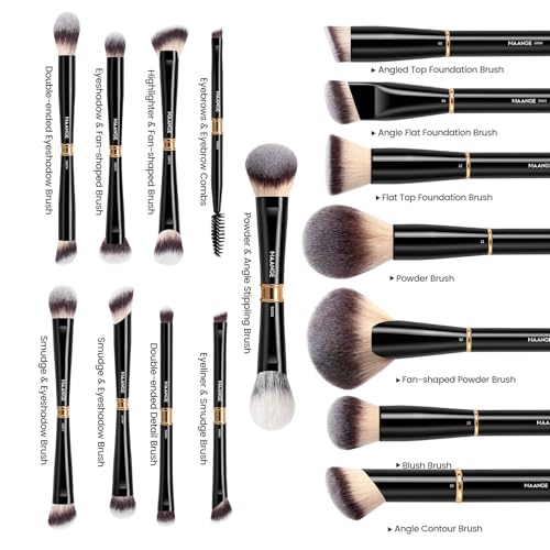 MAANGE 16-Piece Makeup Brush Set - Black Professional Face & Eye Brushes with Bag