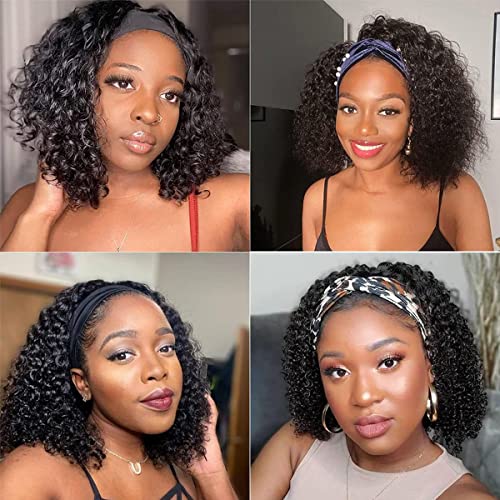 Curly Headband Wig for Black Women 10 Inch 1B Human Hair Glueless Kinky Wig