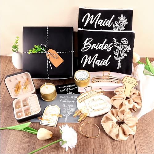 CITYCHALET 73Pcs Bridesmaid Gifts Set of 6 Black,Maid of Honor Proposal Gift Boxes Set,Cosmetic Bag Scented Candle Jewelry Box Metal Hair Clip Knot Bracelet Bachelorette Party Bridal Shower