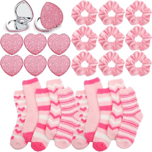 30 Pcs Galentines Gifts Bulk for Girl Women Valentine's Gifts Include 10 Pink Scrunchies 10 Folding Heart Mirror 10 Fuzzy Socks for Women Friends Female Girls Sister Present Birthday