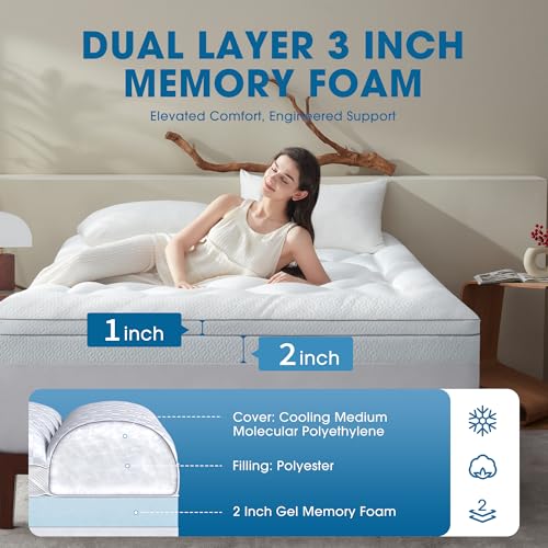 Full Size White Dual Layer Cooling Memory Foam Mattress Topper 2 Inch Gel + 1 Inch Pillow Top with Deep Pocket