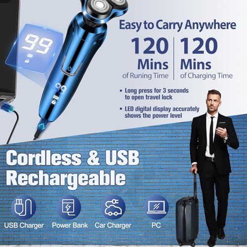 Hands -Free Waterproof Cordless Men’s Electric Shaver with Floating Heads & Trimmer