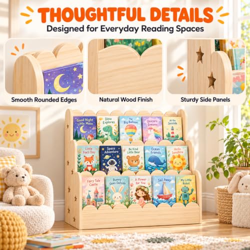 Kids Front-Facing Bookshelf - Montessori Wooden Bookcase for Toddlers