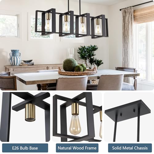 9MMML 35.4in Black Wood & Metal Kitchen Island Pendant Light 4 Lights, Adjustable Height