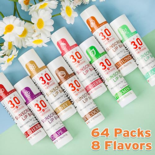 VISRIE SPF 30 Lip Balm Pack 64 pcs | 8 Flavors, Clear, Moisturizing Sun Protection
