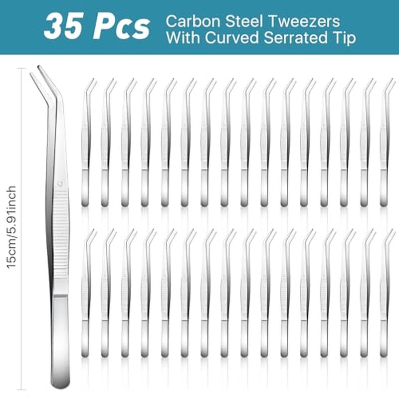35 Pcs Carbon Steel Tweezers with Curved Serrated Tip, Multipurpose Craft Tweezers Non-Slip Forceps for Sewing Repairing