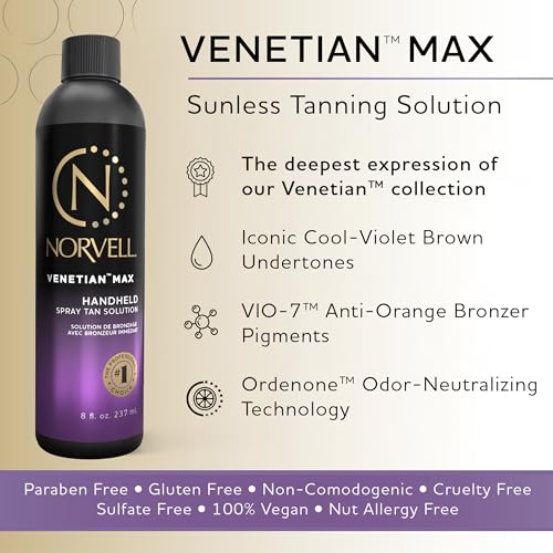 Norvell Premium Spray Tan Solution Venetian Max 8oz ? Professional Sunless Tanning Formula with Cool Violet Brown Undertones, Streak Free, Fast Drying, Long Lasting Color