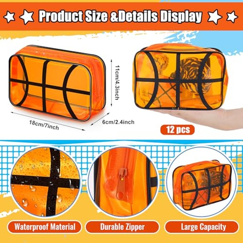 24 Pcs Basketball Gifts for Teen Girls 12 Basketball Makeup Bags with 12 Round Makeup Pocket Mirror, 7 x 4.7 x 2.4'' Cosmetic Bag Sport Gifts for Women Players Fans