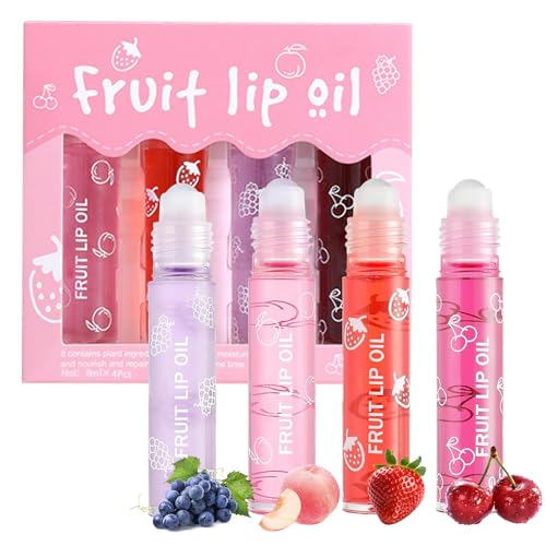4PCS Roll On Lip Oil Set, Moisturizing Transparent Lip Glow Oil, Fruit Flavored Hydrating Roll On Plumping Lip Gloss Glossy Set, Long Lasting Non-sticky Shiny Lip Oil Makeup Gift Kit