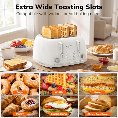 Keenstone 4-Slice Retro Stainless Steel Toaster White - Dual Controls & Wide Slots