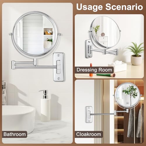 Silver Wall Mounted Magnifying Mirror with 10x Magnification & Adjustable Arm