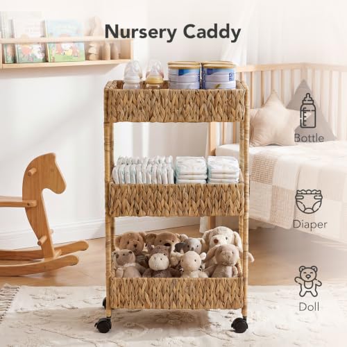 Water Hyacinth 3-Tier Rolling Cart with Wheels - Natural Brown & Black, Nursery & Home Storage
