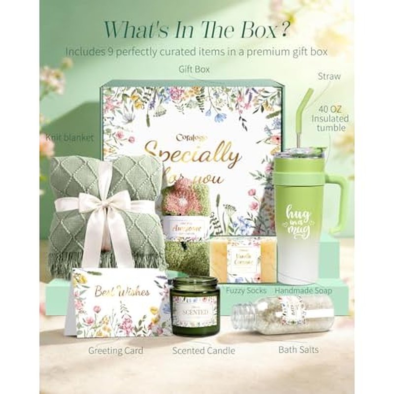 Coralogo Spa Self Care Gifts for Women - Unique Birthday Basket for Women with Green Blanket, 40oz Tumbler, Spa Gift Baskets for Her Birthday, Get Well, Mother's Day, Thinking of You