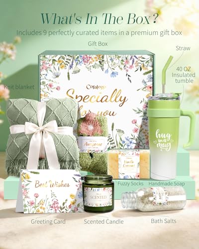 Self Care Gift Basket for Women - Green Blanket & 40oz Tumbler - Spa & Relaxation Gift Set