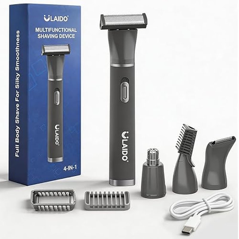 4-in-1 Mens Grooming Kit, 8700RPM Electric Body Hair Trimmer, IPX6 Waterproof Nose Ear Eyebrow Beard Pubic Trimmer for Men, USB-C Fast Charge,with 4 Heads, Travel Portable Groomer