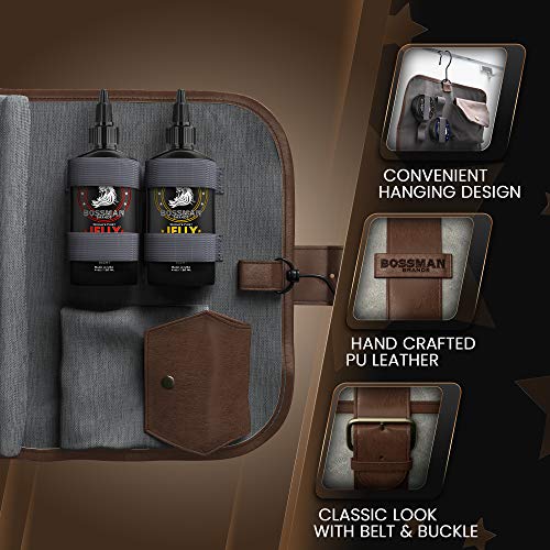 Bossman PU Leather Toiletry Bag for Men - Water Resistant Toiletry Kit Mens Hanging Travel Organizer - Hand Crafted Portable Traveling Accessories