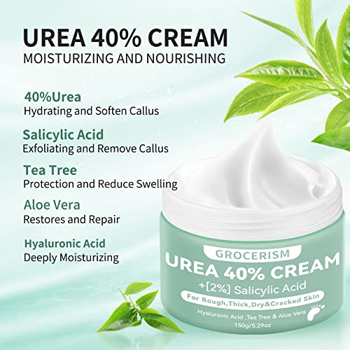 Grocerism 2 Packs Urea Cream 40% Plus 2% Salicylic Acid 5.30 oz || Foot Cream Maximum Strength with Hyaluronic Acid, Tea Tree, and Aloe Vera for Deep Moisturizes, Callus Remover and Soften