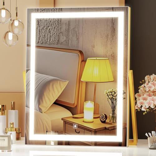 Vanity Mirror with Lights, 11"¡¿ 14" LED Makeup Mirror, Lighted Makeup Mirror with Lights, Smart Touch Control Dimmable 3 Modes Light 360¡ÆRotation Gold